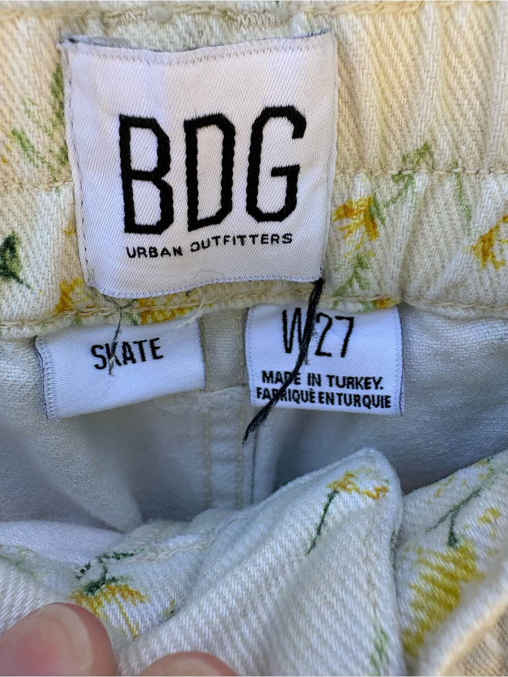 BDG Cream Pants with Yellow Floral Print | Skate Cargo Utility | size 27 - Picture 6 of 8